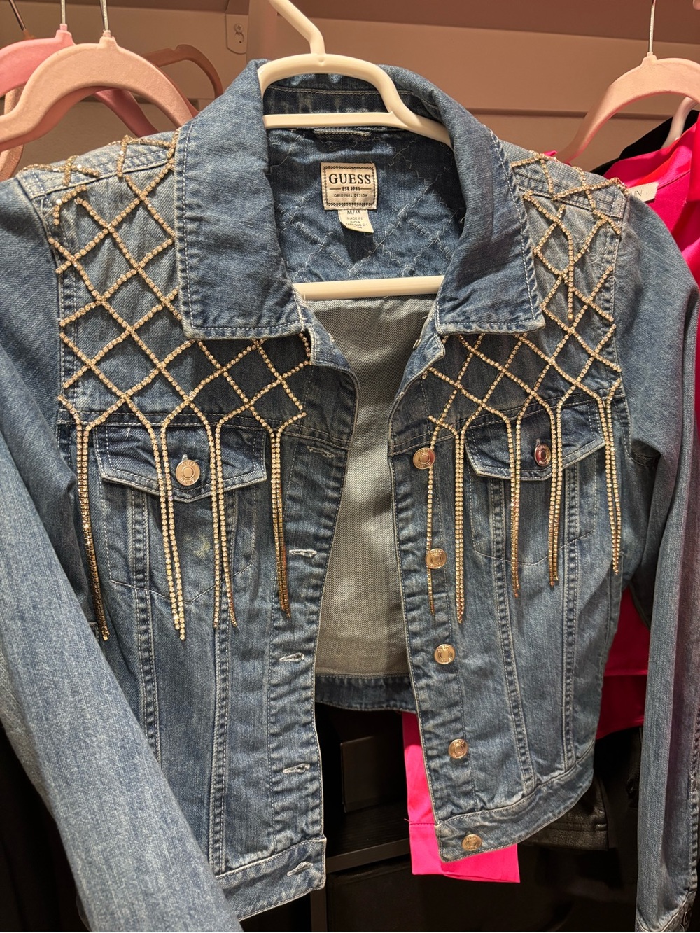 GUESS Light Blue Denim Jacket with Crystal Lattice Fringe